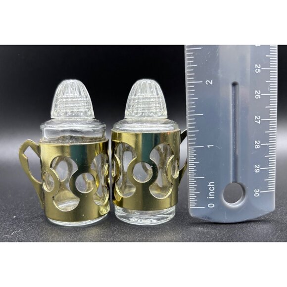 Vintage Glass Salt & Pepper Shakers Brass Colored MCM Design - Picture 5 of 5